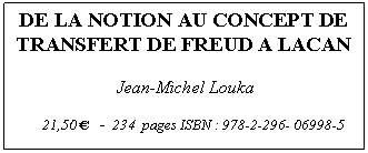 Casella di testo: DE LA NOTION AU CONCEPT DE TRANSFERT DE FREUD A LACAN 
         
           Jean-Michel Louka

21,50  -  234  pages ISBN : 978-2-296- 06998-5



